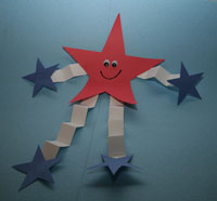 Red star person with white arms and legs and blue hands and feet.
