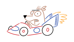 A cartoon dog driving a cartoon race kart