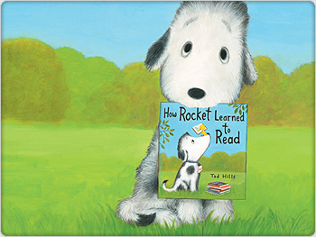 Illustration of Rocket the Dog holding a book in his mouth