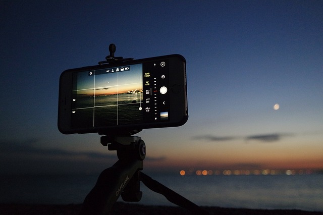 smartphone on tripod at night