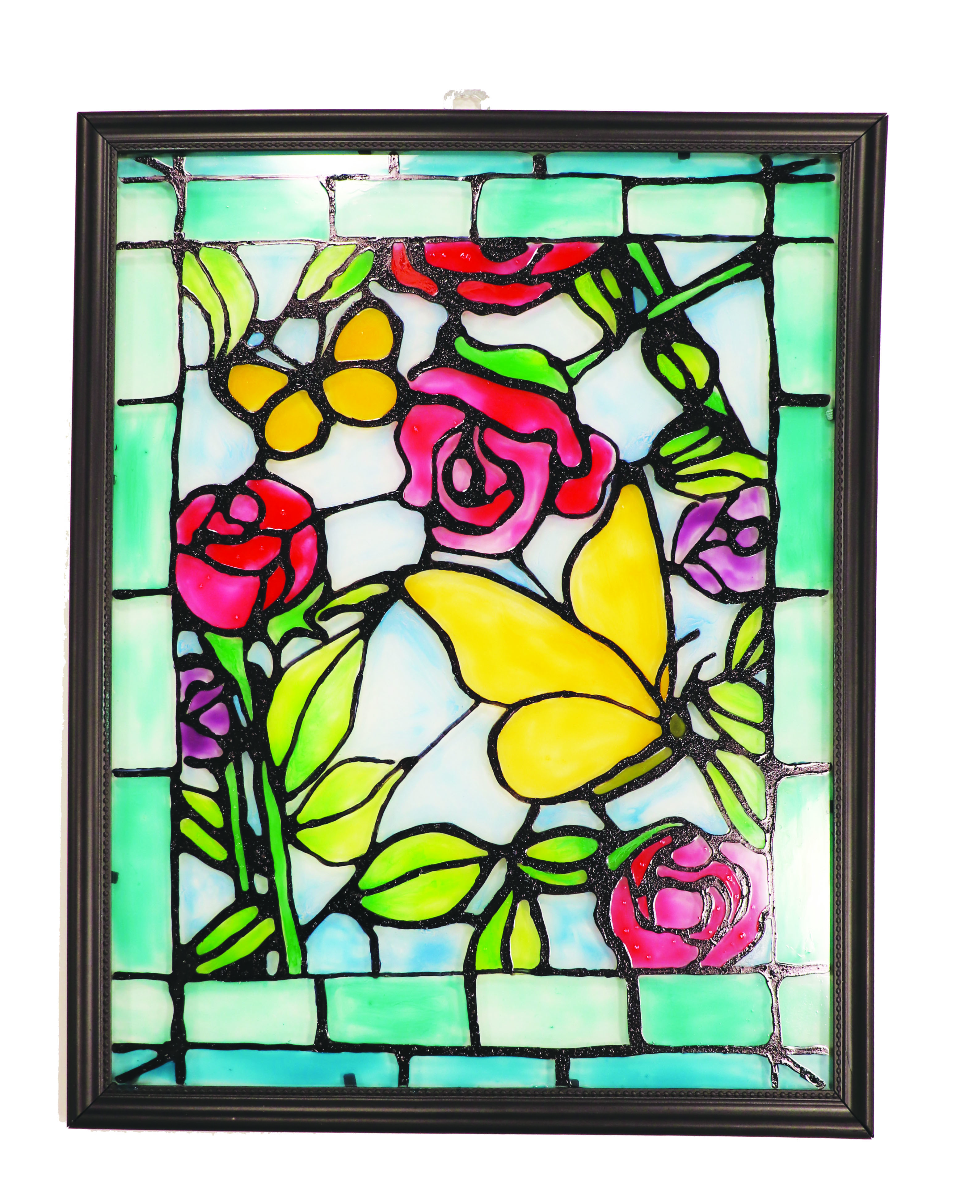 black framed stained glass art with red roses and yellow butterflies