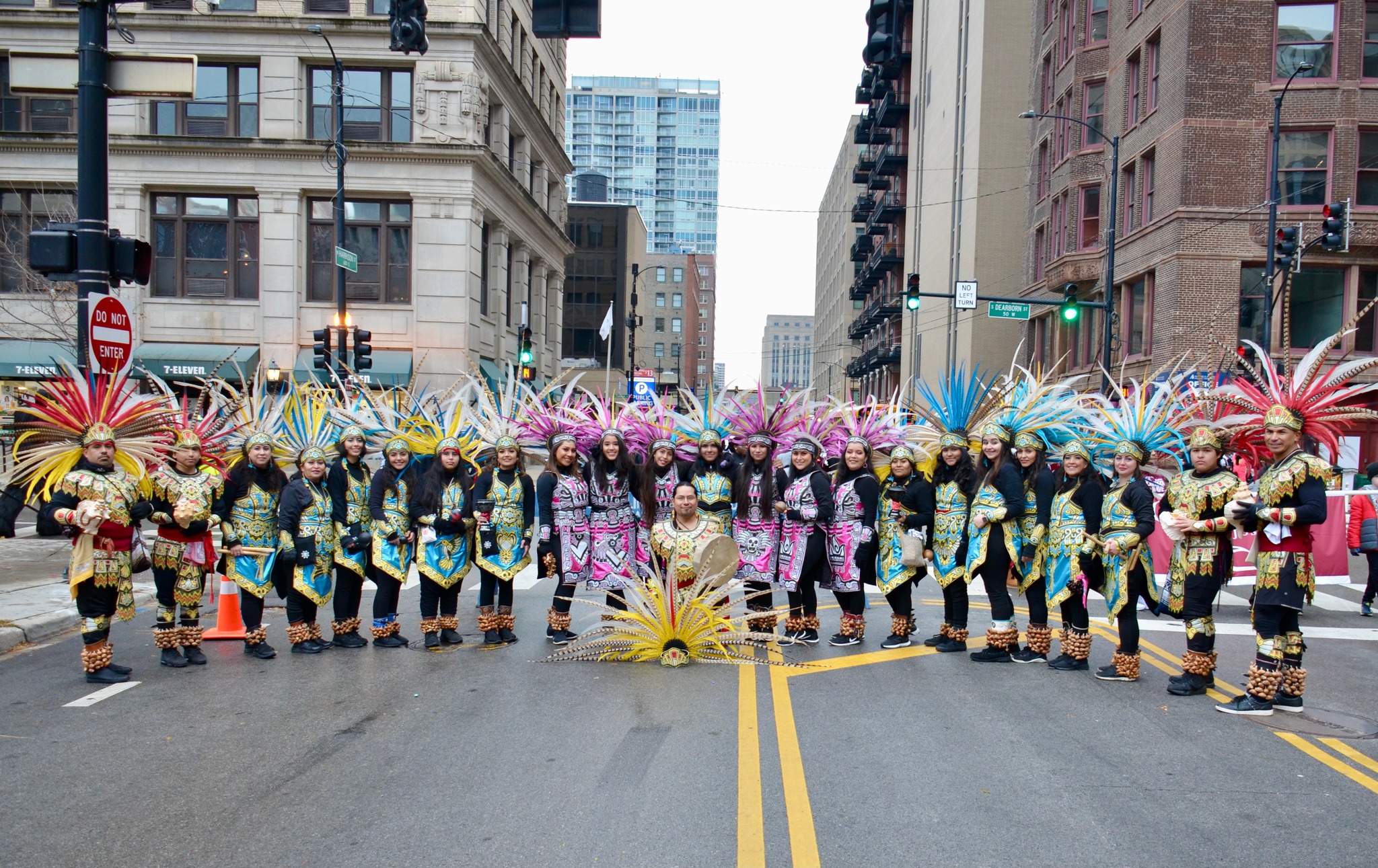 Aztec dance group in traditional attire