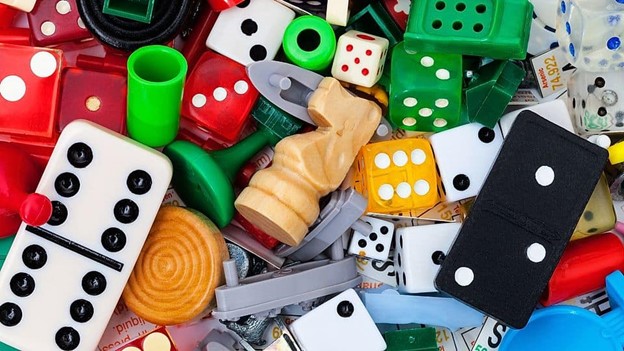 Photo of a mixture of board game pieces.