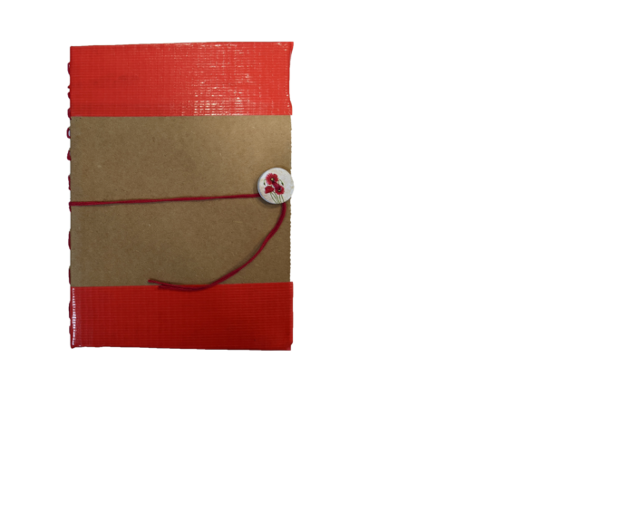 Photo of sample notebook made from red duct tape, red thread, cardboard, and a button.