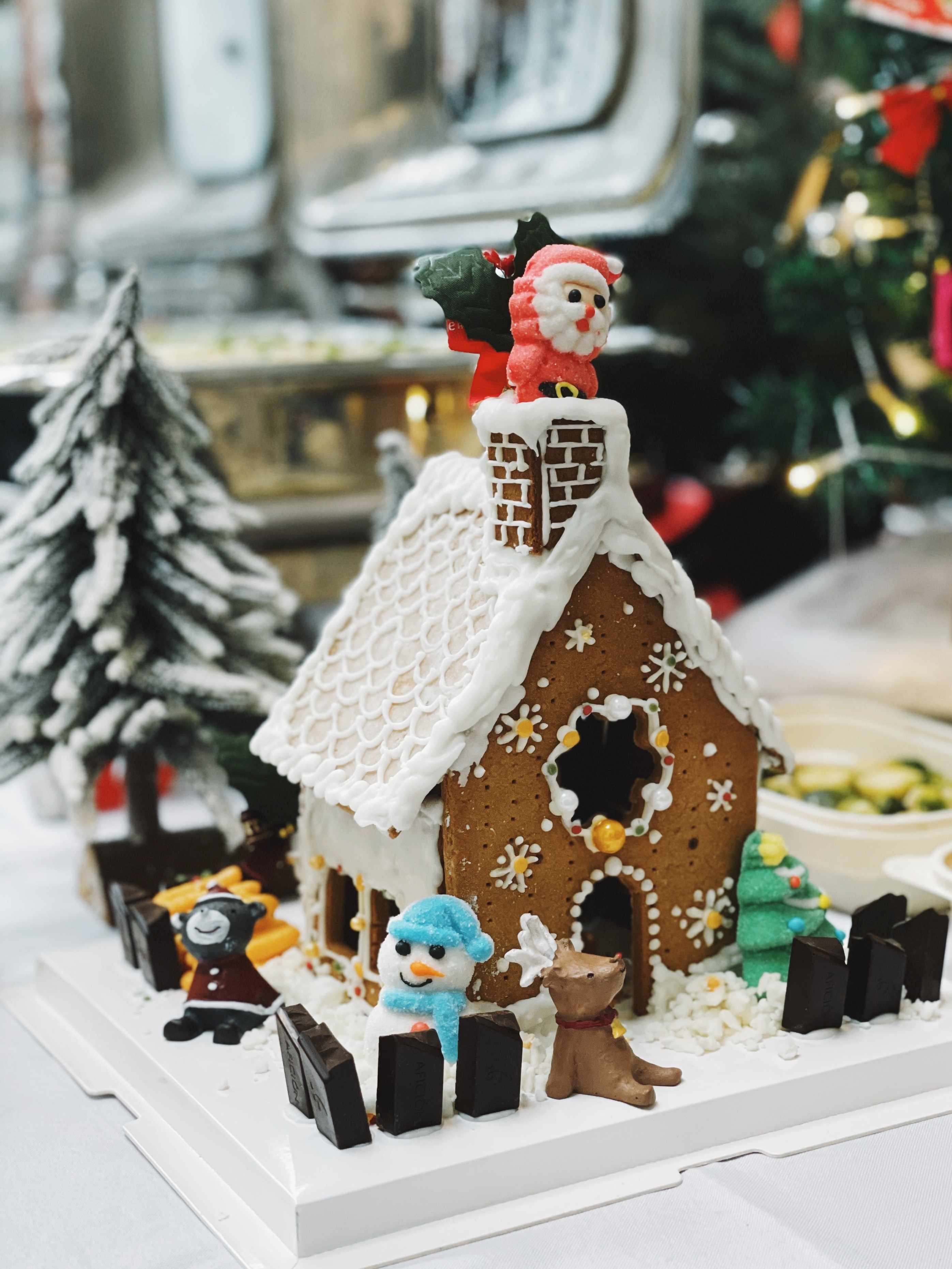 Gingerbread house decorated in icing.