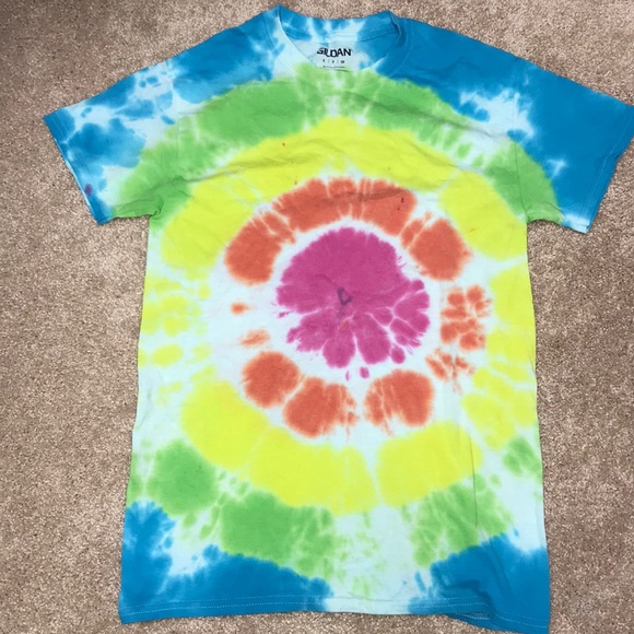 Photo of brightly colored tie dye t-shirt. 