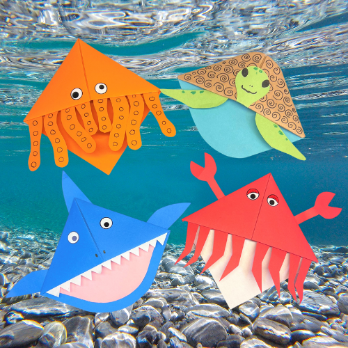 ocean origami animals with underwater background