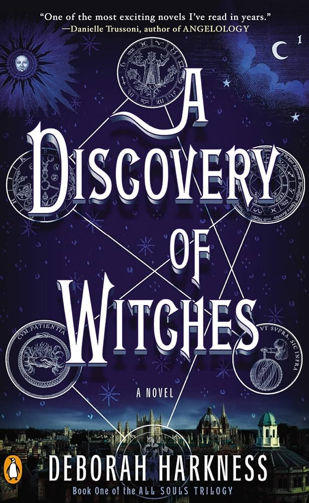 Book Cover for A Discovery of Witches. Blue background with symbols