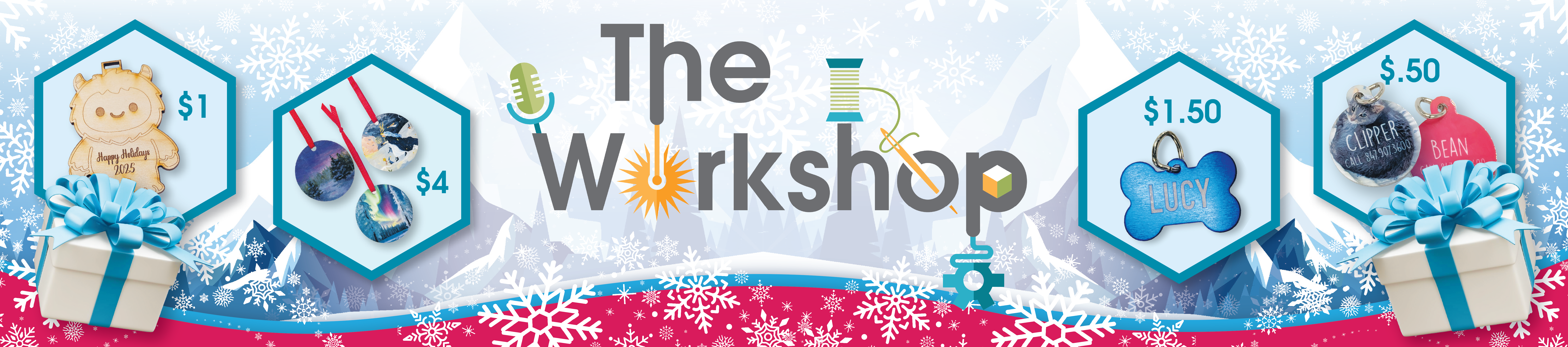 Images of the different items you can make in the workshop including ornaments and pet tags