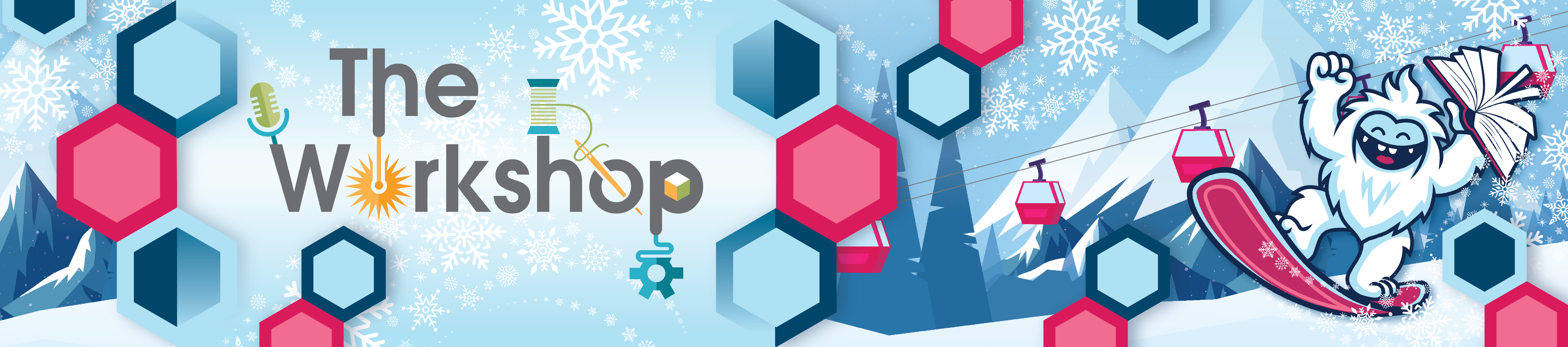 The Workshop Logo with Winter Elements and a cartoon Yeti