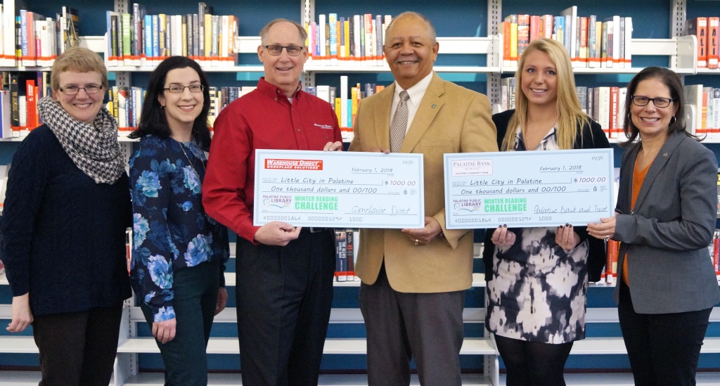 Executive Director Jeannie Dilger, Popular Materials Department Manager Kathy Burns, and representatives from Palatine Bank and Trust, Warehouse Direct, and Little City