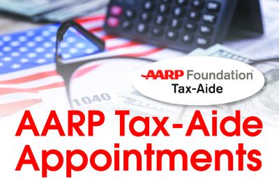 AARP Tax-Aide Appointments red font with american flag background
