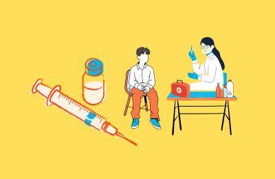 Illustration of a syringe and vaccine next to a nurse and patient