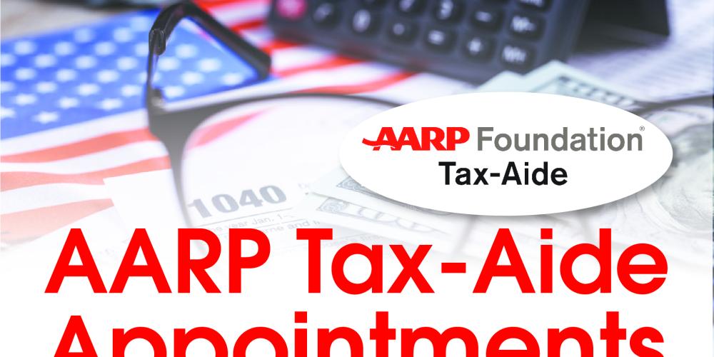 AARP Tax-Aide Appointments red font with american flag background