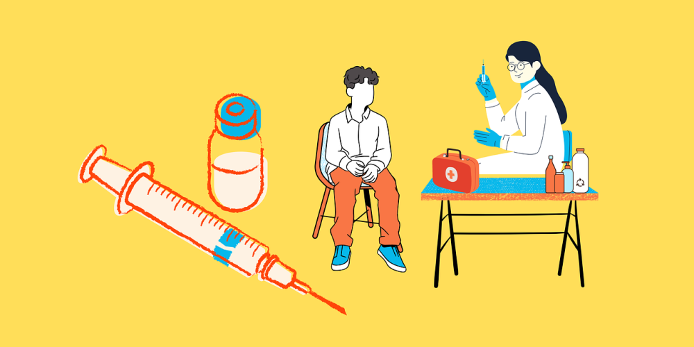 Illustration of a syringe and vaccine next to a nurse and patient