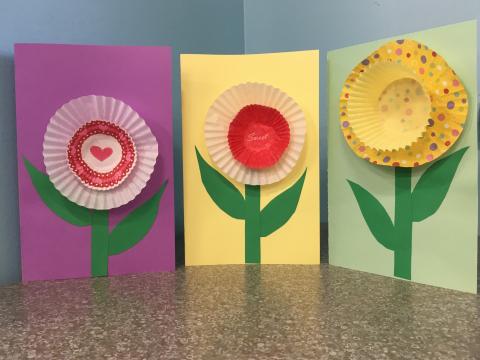 three greeting cards with paper muffin cup flowers