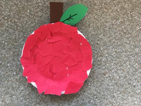 red apple with brown stem and green leaf