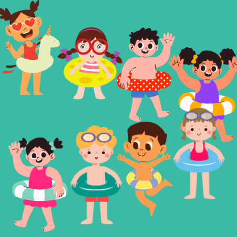 kids with pool inflatables standing in a parade line