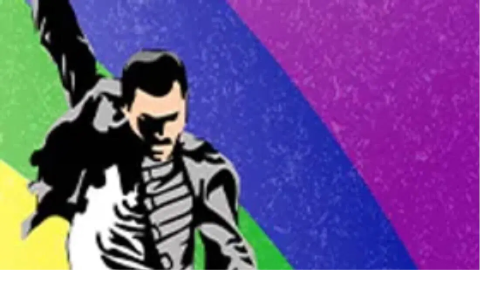 Picture of a man dancing with a Pride flag in background