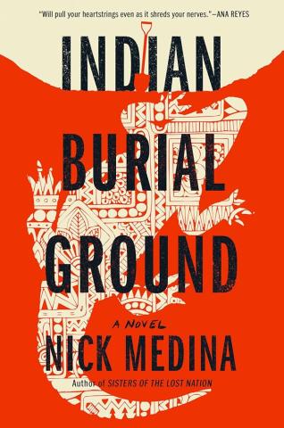 Text: Indian Burial Ground by Nick Medina, Image: lizard made from indigineous pattern