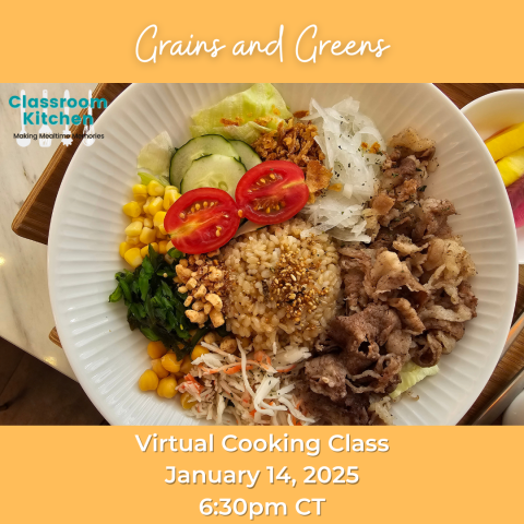 Picture of grains and greens with program date
