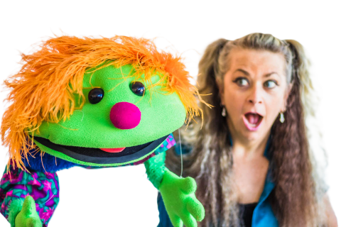 green puppet with woman