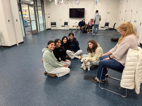 photo of a woman sitting in a chair and 5 teens sitting on the floor surrounding a small white dog.