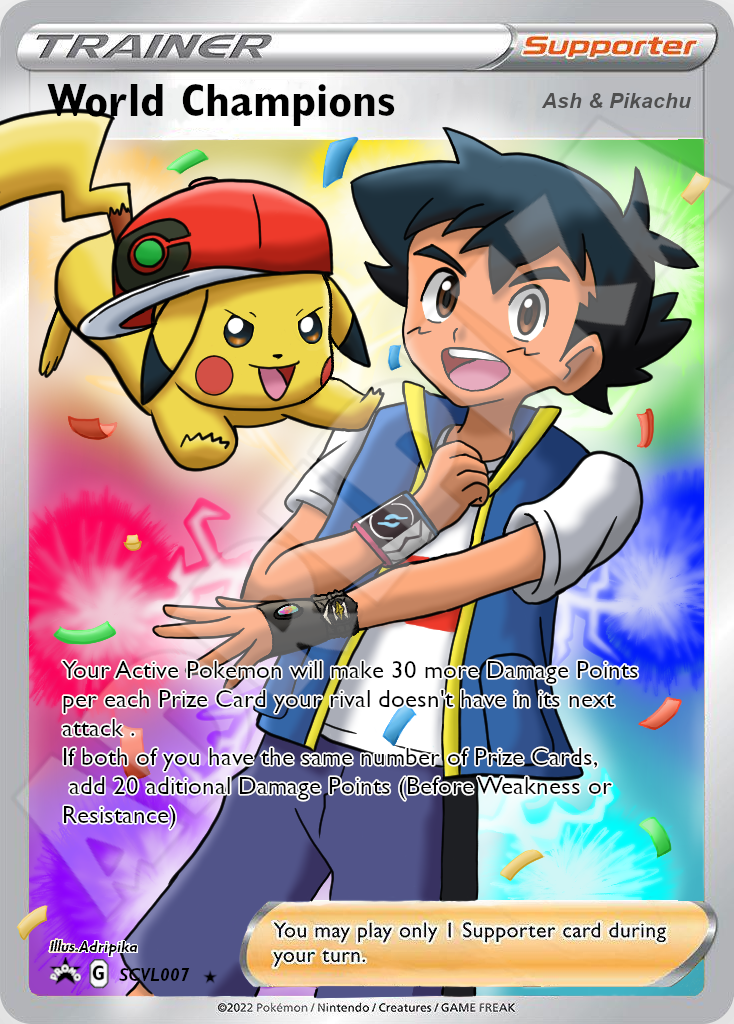 image of a Pokemon World Champion supporter card including Ash and Pikachu.