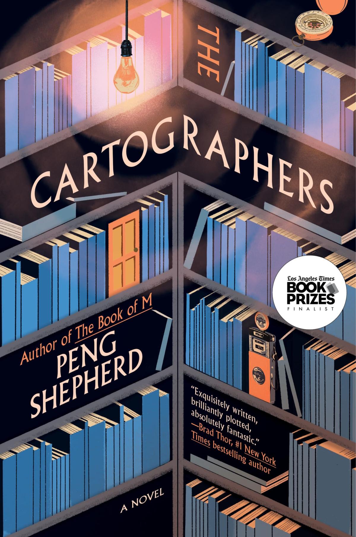 Pictured: Book shelves. Text: The Cartographers by Peng Shepherd