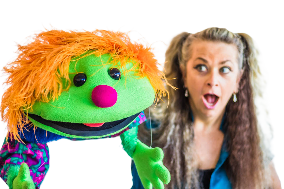 green puppet with woman