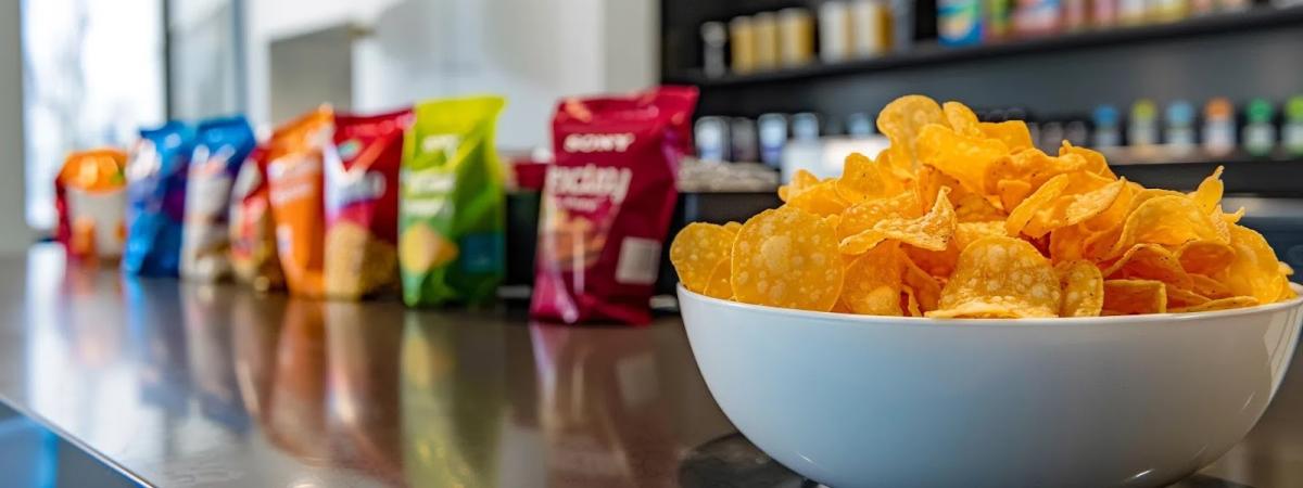 photo of a white bowl filled with chips and bags of snacks in the background